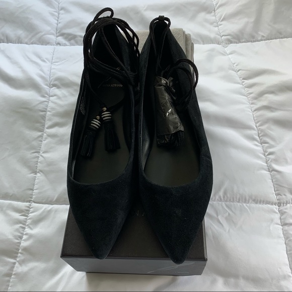 B Brian Atwood Skylar Lace Up Black Suede Flats - Picture 3 of 16